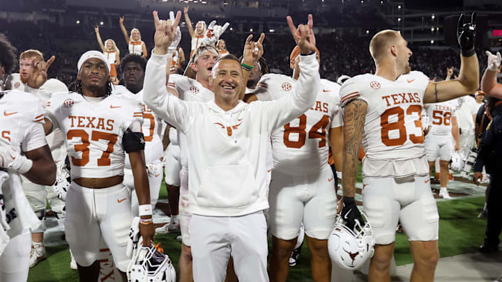 Texas Longhorns head coach Steve Sarkisian reacts after beating the Mississippi State Bulldogs 