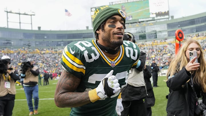 Oct 13, 2024; Green Bay, Wisconsin, USA;  Green Bay Packers cornerback Jaire Alexander (23) following the game against the Arizona Cardinals at Lambeau Field. Mandatory Credit: Jeff Hanisch-Imagn Images