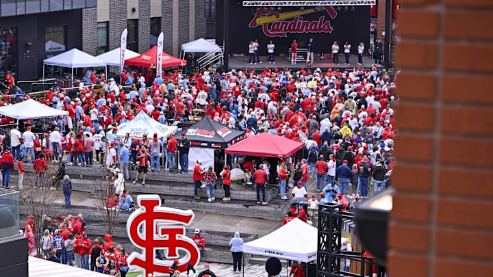 Mar 27, 2025; St. Louis, Missouri, USA;  A general view as fans attend a rally before Opening Day game between the St. Louis Cardinals and the Minnesota Twins at Busch Stadium. Mandatory Credit: Jeff Curry-Imagn Images