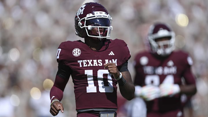 Sep 27, 2025; College Station, Texas, USA; Texas A&M Aggies quarterback Marcel Reed (10) jogs off the field during the first quarter against the Auburn Tigers at Kyle Field. Mandatory Credit: Troy Taormina-Imagn Images
