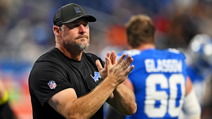 Detroit Lions head coach Dan Campbell looks on before the game against the Cleveland Browns at Ford Field. Detroit Lions head coach Dan Campbell looks on before the game against the Cleveland Browns at Ford Field.