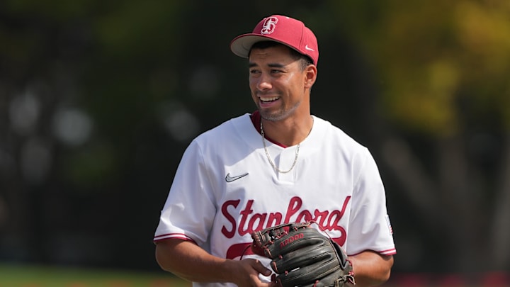 Feb 28, 2025; Stanford, CA, USA; Stanford Cardinal shortstop Temo Becerra (2) before the game against the Xavier Musketeers at Sunken Diamond. Mandatory Credit: Darren Yamashita-Imagn Images
