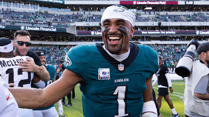 Oct 13, 2024; Philadelphia, Pennsylvania, USA; Philadelphia Eagles quarterback Jalen Hurts (1) smiles after a victory against the Cleveland Browns at Lincoln Financial Field.  