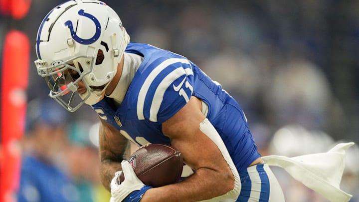 Indianapolis Colts wide receiver Michael Pittman Jr. (11) stumbles out of bounds after making a catch Sunday, Jan. 5, 2025, during a game against the Jacksonville Jaguars at Lucas Oil Stadium in Indianapolis.