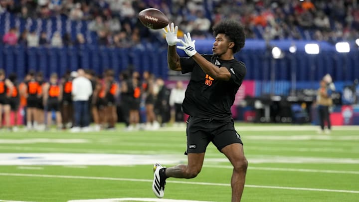Feb 28, 2026; Indianapolis, IN, USA; Texas A&M wideout KC Concepcion (WO16) during the NFL Scouting Combine at Lucas Oil Stadium. Mandatory Credit: Kirby Lee-Imagn Images