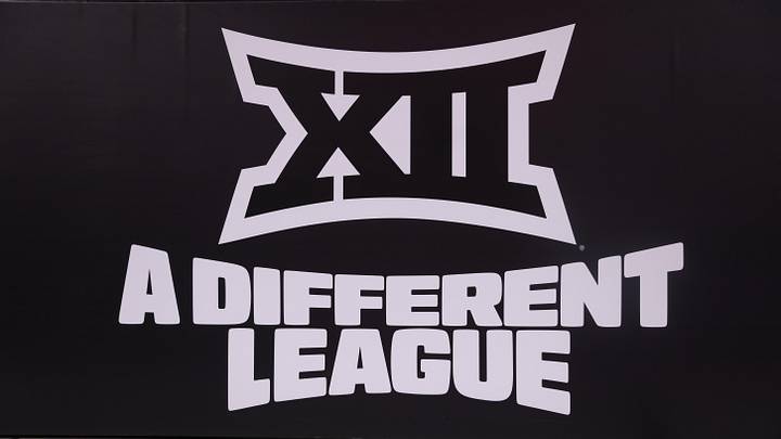 Mar 14, 2026; Kansas City, MO, USA; The Big 12 logo is seen prior to a game between the Arizona Wildcats and the Houston Cougars during the men's Big 12 Conference Tournament Championship at T-Mobile Center. Mandatory Credit: William Purnell-Imagn Images