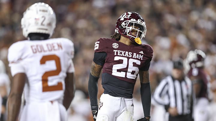 Nov 30, 2024; College Station, Texas, USA; Texas A&M Aggies defensive back Will Lee III (26) reacts after a play during the first quarter against the Texas Longhorns at Kyle Field. Mandatory Credit: Troy Taormina-Imagn Images