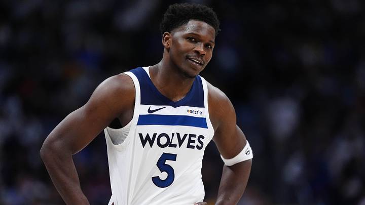 Apr 20, 2026; Denver, Colorado, USA; Minnesota Timberwolves guard Anthony Edwards (5) reacts in the second half against the Denver Nuggets during game two of the first round of the 2026 NBA Playoffs at Ball Arena. Mandatory Credit: Ron Chenoy-Imagn Images