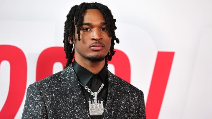 Jun 26, 2024; Brooklyn, NY, USA; Stephon Castle arrives for the first round of the 2024 NBA Draft at Barclays Center. 