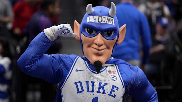 Mar 15, 2025; Charlotte, NC, USA; Duke Blue Devils mascot in the first half of the 2025 ACC Conference Championship game against the Louisville Cardinals at Spectrum Center. Mandatory Credit: Jim Dedmon-Imagn Images