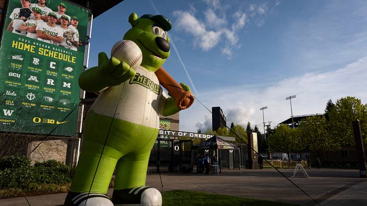 A giant inflatable Sluggo stands watch over the entrance to PK Park during the Eugene Emeralds home opener Wednesday, April 9, 2025, in Eugene, Ore.