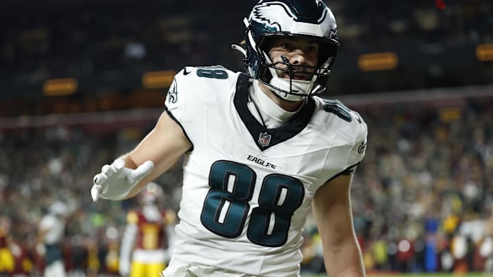 Dec 20, 2025; Landover, Maryland, USA; Philadelphia Eagles tight end Dallas Goedert (88) celebrates after scoring a touchdown against the Washington Commanders in the second half at Northwest Stadium. Dec 20, 2025; Landover, Maryland, USA; Philadelphia Eagles tight end Dallas Goedert (88) celebrates after scoring a touchdown against the Washington Commanders in the second half at Northwest Stadium.