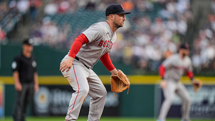 Boston Red Sox third baseman Alex Bregman (2) looks on during the fourh inning against Detroit Tigers at Comerica Park in Detroit on Wednesday, May 14, 2025. Boston Red Sox third baseman Alex Bregman (2) looks on during the fourh inning against Detroit Tigers at Comerica Park in Detroit on Wednesday, May 14, 2025.