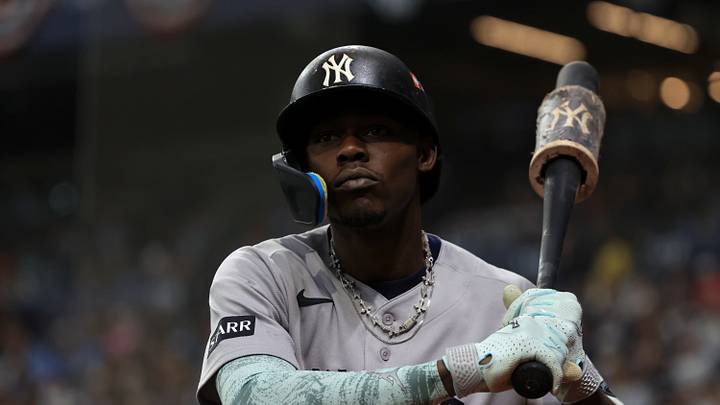 Oct 3, 2026; St. Petersburg, Florida, USA;  New York Yankees second baseman Jazz Chisholm Jr. (13) on deck in the second inning against the Tampa Bay Rays in game one of the ALDS for the 2026 MLB Playoffs at Tropicana Field.  Mandatory Credit: Kim Klement Neitzel-Imagn Images