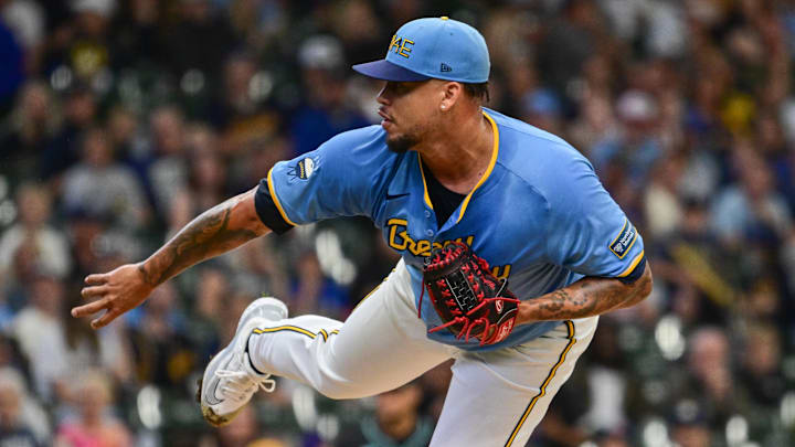 Milwaukee Brewers starting pitcher Frankie Montas pitches in the first inning against the Arizona Diamondbacks.