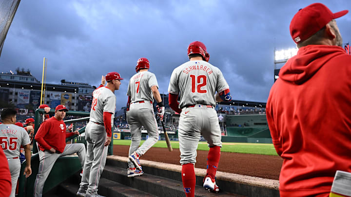 Sep 27, 2024; Washington, District of Columbia, USA; Philadelphia Phillies designated hitter Kyle Schwarber (12) and shortstop Trea Turner (7) stand on the steps before the game between the Washington Nationals and the Philadelphia Phillies at Nationals Park Sep 27, 2024; Washington, District of Columbia, USA; Philadelphia Phillies designated hitter Kyle Schwarber (12) and shortstop Trea Turner (7) stand on the steps before the game between the Washington Nationals and the Philadelphia Phillies at Nationals Park