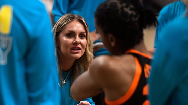 Oklahoma State head coach Jacie Hoyt speaks to her team during a timeout against Texas Tech in a Big 12 basketball game, Wednesday, Feb. 14, 2024, at United Supermarkets Arena. Oklahoma State head coach Jacie Hoyt speaks to her team during a timeout against Texas Tech in a Big 12 basketball game, Wednesday, Feb. 14, 2024, at United Supermarkets Arena.