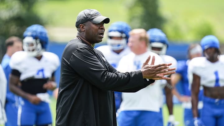 Kentucky running backs coach Jay Boulware coaches during practice Friday. August 2, 2024 in Lexington. Boley is a Lexington Christian graduate. Kentucky running backs coach Jay Boulware coaches during practice Friday. August 2, 2024 in Lexington. Boley is a Lexington Christian graduate.