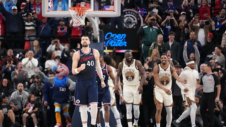 Jan 5, 2026; Inglewood, California, USA; LA Clippers center Ivica Zubac (40) celebrates at the end of the game against the Golden State Warriors at the Intuit Dome. Mandatory Credit: Kirby Lee-Imagn Images