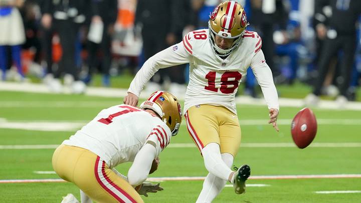 San Francisco 49ers kicker Eddy Pineiro (18) kicks a field goal Monday, Dec. 22, 2025, during a game against the Indianapolis Colts at Lucas Oil Stadium in Indianapolis. San Francisco 49ers kicker Eddy Pineiro (18) kicks a field goal Monday, Dec. 22, 2025, during a game against the Indianapolis Colts at Lucas Oil Stadium in Indianapolis.