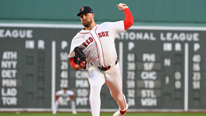 Apr 7, 2026; Boston, Massachusetts, USA; Boston Red Sox starting pitcher Garrett Crochet (35) pitches against the Milwaukee Brewers during the first inning at Fenway Park. Mandatory Credit: Eric Canha-Imagn Images