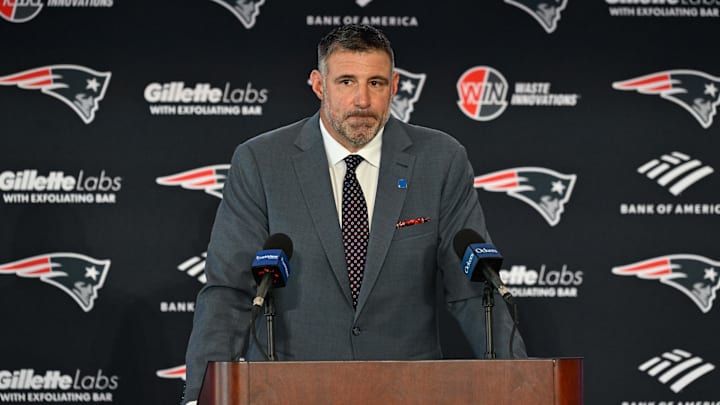Jan 13, 2025; Foxborough, MA, USA; Mike Vrabel addresses media at a press conference to announce his hiring as the New England Patriots head coach at Gillette Stadium. Mandatory Credit: Eric Canha-Imagn Images