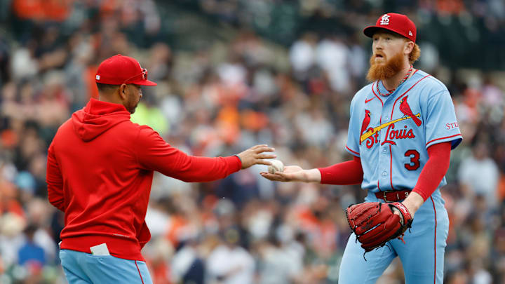 Apr 4, 2026; Detroit, Michigan, USA;  St. Louis Cardinals manager Oliver Marmol (37) takes the ball to relieve Dustin May (3) in the fourth inning against the Detroit Tigers at Comerica Park. Mandatory Credit: Rick Osentoski-Imagn Images