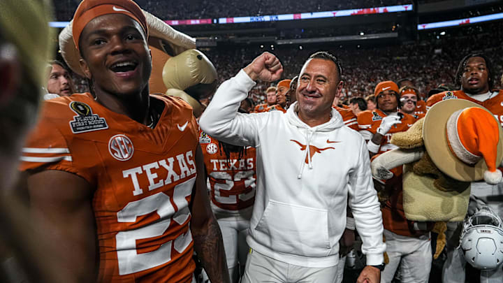 Dec 21, 2024; Austin, Texas, USA; Texas Longhorns head coach Steve Sarkisian celebrates after defeating the Clemson Tigers in the first round of the College Football Playoffs at Darrell K Royal-Texas Memorial Stadium. Mandatory Credit: Aaron E. Martinez/USA Today Network via Imagn Images Dec 21, 2024; Austin, Texas, USA; Texas Longhorns head coach Steve Sarkisian celebrates after defeating the Clemson Tigers in the first round of the College Football Playoffs at Darrell K Royal-Texas Memorial Stadium. Mandatory Credit: Aaron E. Martinez/USA Today Network via Imagn Images