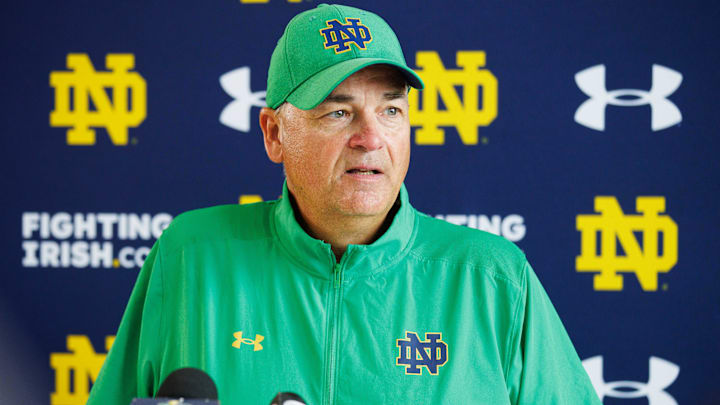 Notre Dame offensive coordinator and tight ends coach Mike Denbrock addresses media after a Notre Dame football practice at Irish Athletic Center on Thursday, Aug. 1, 2024, in South Bend. Notre Dame offensive coordinator and tight ends coach Mike Denbrock addresses media after a Notre Dame football practice at Irish Athletic Center on Thursday, Aug. 1, 2024, in South Bend.
