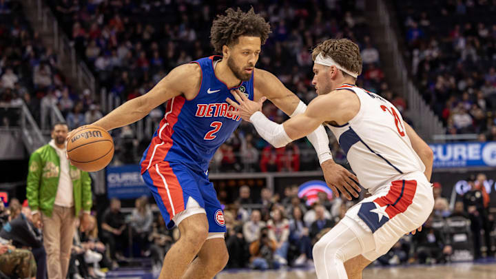 Mar 11, 2025; Detroit, Michigan, USA; Washington Wizards forward Corey Kispert (24) defends against Detroit Pistons guard Cade Cunningham (2) during the second half at Little Caesars Arena. Mandatory Credit: David Reginek-Imagn Images Mar 11, 2025; Detroit, Michigan, USA; Washington Wizards forward Corey Kispert (24) defends against Detroit Pistons guard Cade Cunningham (2) during the second half at Little Caesars Arena. Mandatory Credit: David Reginek-Imagn Images