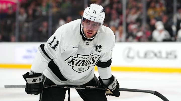 Los Angeles Kings center Anze Kopitar awaits a face off against the Vegas Golden Knights.