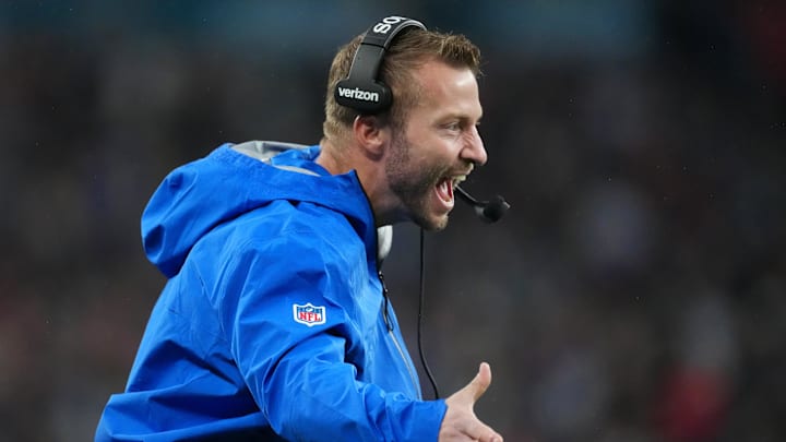 Oct 19, 2025; London, United Kingdom; Los Angeles Rams head coach Sean McVay reacts after a play against the Jacksonville Jaguars during the second half of an NFL International Series game at Wembley Stadium. Mandatory Credit: Kirby Lee-Imagn Images Oct 19, 2025; London, United Kingdom; Los Angeles Rams head coach Sean McVay reacts after a play against the Jacksonville Jaguars during the second half of an NFL International Series game at Wembley Stadium. Mandatory Credit: Kirby Lee-Imagn Images