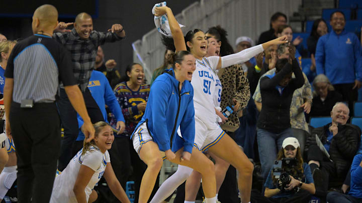 Dec 20, 2025; Los Angeles, California, USA; UCLA Bruins bench reacts after a basket by guard Megan Grant (not pictured) during the second half against Long Beach State Beach at Pauley Pavilion presented by Wescom Financial. Mandatory Credit: Jayne Kamin-Oncea-Imagn Images