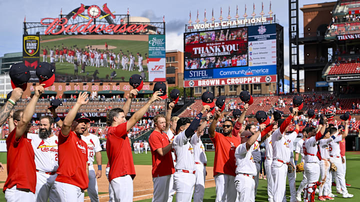 Sep 22, 2024; St. Louis, Missouri, USA;  St. Louis Cardinals salute their fans after their final home game of the season and a victory over the Cleveland Guardians at Busch Stadium. Mandatory Credit: Jeff Curry-Imagn Images