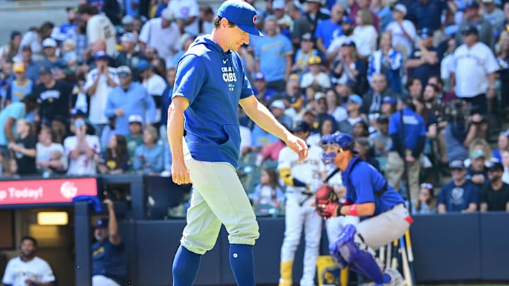 Jun 30, 2024; Milwaukee, Wisconsin, USA; Chicago Cubs manager Craig Counsell walks back to the dugout after making a pitching change in the fourth inning against the Milwaukee Brewers at American Family Field. Mandatory Credit: Benny Sieu-USA TODAY Sports