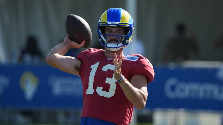 Jul 31, 2026; Westchester California USA; Los Angeles Rams quarterback Stetson Bennett IV (13) throws the ball at training camp at Loyola Marymount University. Mandatory Credit: Kirby Lee-Imagn Images Jul 31, 2026; Westchester California USA; Los Angeles Rams quarterback Stetson Bennett IV (13) throws the ball at training camp at Loyola Marymount University. Mandatory Credit: Kirby Lee-Imagn Images