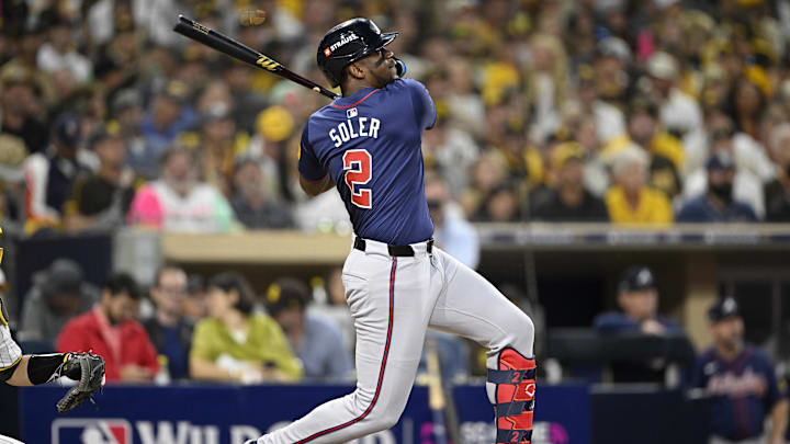 Oct 2, 2024; San Diego, California, USA; Atlanta Braves outfielder Jorge Soler (2) hits a solo home run during the fifth inning of game two in the Wildcard round for the 2024 MLB Playoffs against the San Diego Padres at Petco Park. 
