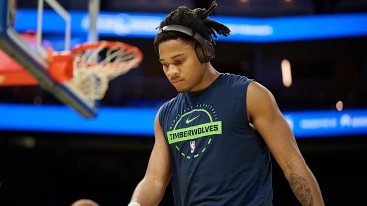 Dec 12, 2025; San Francisco, California, USA; Minnesota Timberwolves guard Terrence Shannon Jr. (1) warms up before the game against the Golden State Warriors at Chase Center. Mandatory Credit: Robert Edwards-Imagn Images