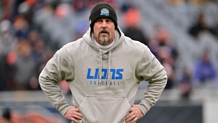 Detroit Lions head coach Dan Campbell before a game against the Chicago Bears at Soldier Field. Detroit Lions head coach Dan Campbell before a game against the Chicago Bears at Soldier Field.