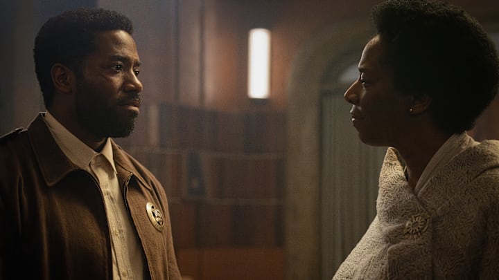 Paul Billings (Chinaza Uche) and Judge Meadows (Tanya Moodie) in Silo. Image: Apple TV+.
