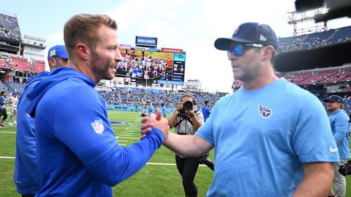 Sep 14, 2025; Nashville, Tennessee, USA; Los Angeles Rams head coach Sean McVay and Tennessee Titans head coach Brian Callahan shake hands after the game at Nissan Stadium. Mandatory Credit: Steve Roberts-Imagn Images Sep 14, 2025; Nashville, Tennessee, USA; Los Angeles Rams head coach Sean McVay and Tennessee Titans head coach Brian Callahan shake hands after the game at Nissan Stadium. Mandatory Credit: Steve Roberts-Imagn Images