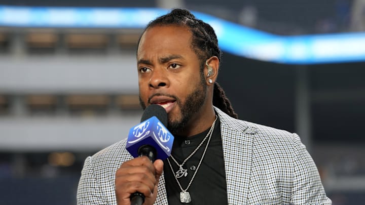 Oct 24, 2024; Inglewood, California, USA; Richard Sherman on the Thursday Night Football Tonight set at SoFi Stadium. Mandatory Credit: Kirby Lee-Imagn Images Oct 24, 2024; Inglewood, California, USA; Richard Sherman on the Thursday Night Football Tonight set at SoFi Stadium. Mandatory Credit: Kirby Lee-Imagn Images