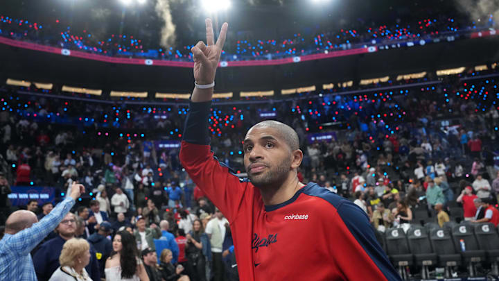 Apr 9, 2025; Inglewood, California, USA; LA Clippers forward Nicolas Batum (33) reacts after the game against the Houston Rockets at the Intuit Dome. Mandatory Credit: Kirby Lee-Imagn Images