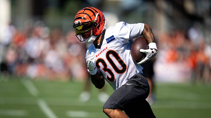 Cincinnati Bengals halfback Chase Brown (30) runs with the ball during the Cincinnati Bengals Training Camp 2026 at Kettering Practice Field in Cincinnati on Thursday, July 30, 2026. Cincinnati Bengals halfback Chase Brown (30) runs with the ball during the Cincinnati Bengals Training Camp 2026 at Kettering Practice Field in Cincinnati on Thursday, July 30, 2026.