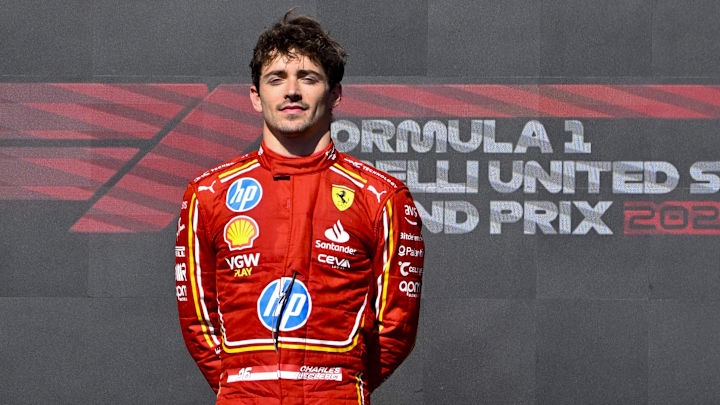 Oct 20, 2024; Austin, Texas, USA; Scuderia Ferrari driver Charles Leclerc (16) of Team Monaco stands on the podium after the 2024 Formula One US Grand Prix at Circuit of the Americas. Mandatory Credit: Jerome Miron-Imagn Images Oct 20, 2024; Austin, Texas, USA; Scuderia Ferrari driver Charles Leclerc (16) of Team Monaco stands on the podium after the 2024 Formula One US Grand Prix at Circuit of the Americas. Mandatory Credit: Jerome Miron-Imagn Images
