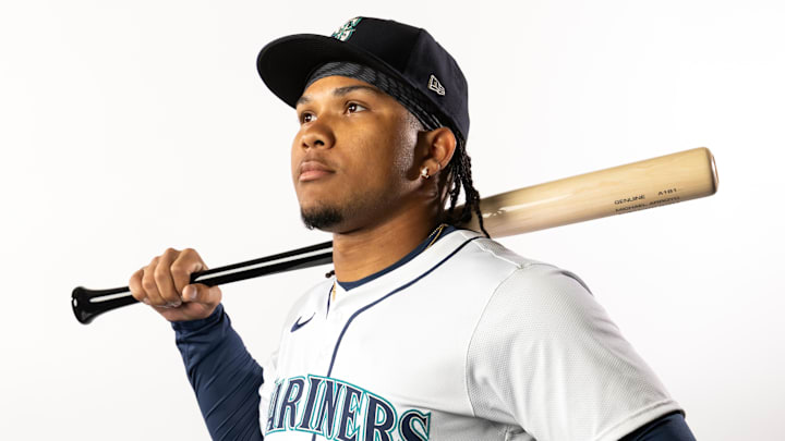 Feb 20, 2025; Peoria, AZ, USA; Seattle Mariners infielder Michael Arroyo poses for a portrait during media day at Peoria Sports Complex. Mandatory Credit: Mark J. Rebilas-Imagn Images