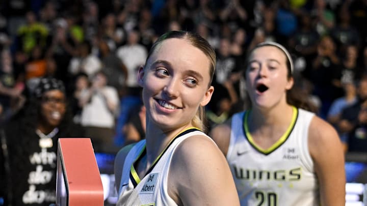 Sep 11, 2025; Arlington, Texas, USA; Dallas Wings guard Paige Bueckers (5) smiles after the game against the Phoenix Mercury at College Park Center. Mandatory Credit: Jerome Miron-Imagn Images Sep 11, 2025; Arlington, Texas, USA; Dallas Wings guard Paige Bueckers (5) smiles after the game against the Phoenix Mercury at College Park Center. Mandatory Credit: Jerome Miron-Imagn Images