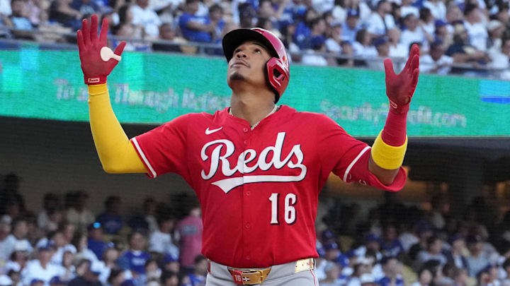Aug 27, 2025; Los Angeles, California, USA; Cincinnati Reds right fielder Noelvi Marte (16) crosses home plate after hitting a home run in the third inning against the Los Angeles Dodgers at Dodger Stadium. Mandatory Credit: Kirby Lee-Imagn Images