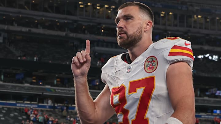 Sep 21, 2025; East Rutherford, New Jersey, USA; Kansas City Chiefs tight end Travis Kelce (87) reacts while leaving the field after the game against the New York Giants at MetLife Stadium. Mandatory Credit: Vincent Carchietta-Imagn Images
