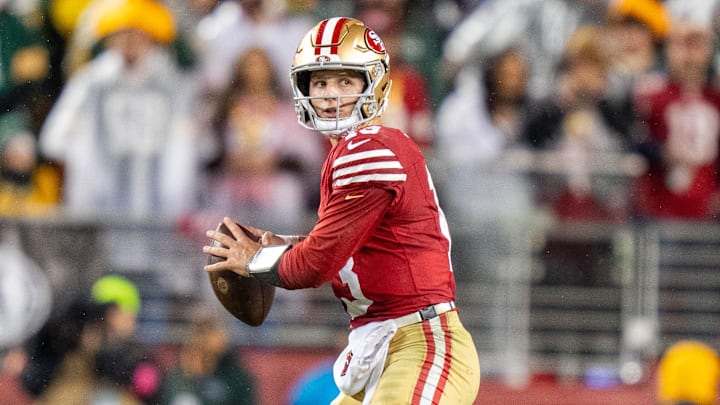 January 20, 2024; Santa Clara, CA, USA; San Francisco 49ers quarterback Brock Purdy (13) during the fourth quarter in a 2024 NFC divisional round game against the Green Bay Packers at Levi's Stadium. Mandatory Credit: Kyle Terada-Imagn Images January 20, 2024; Santa Clara, CA, USA; San Francisco 49ers quarterback Brock Purdy (13) during the fourth quarter in a 2024 NFC divisional round game against the Green Bay Packers at Levi's Stadium. Mandatory Credit: Kyle Terada-Imagn Images